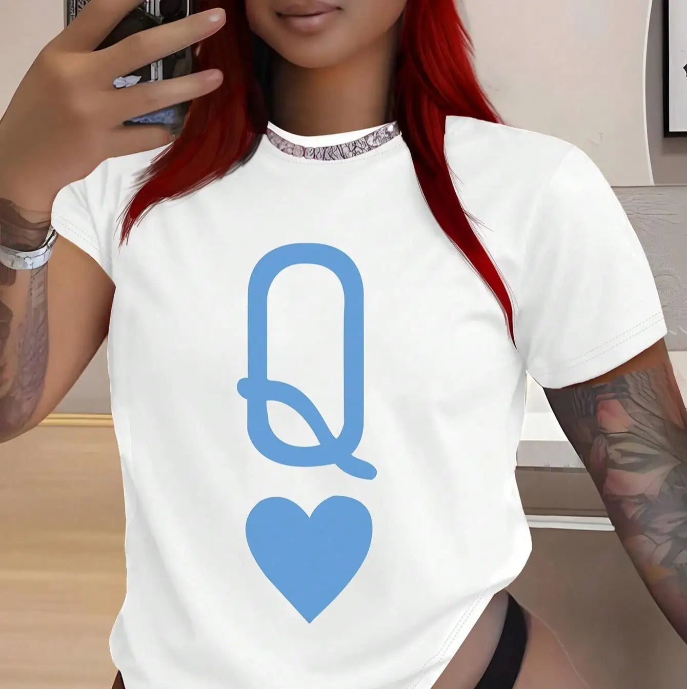Women's Casual T-Shirt With Poker Card Queen Pattern, Spring & Summer For New Year Clothes Graphic Tees Women Tops