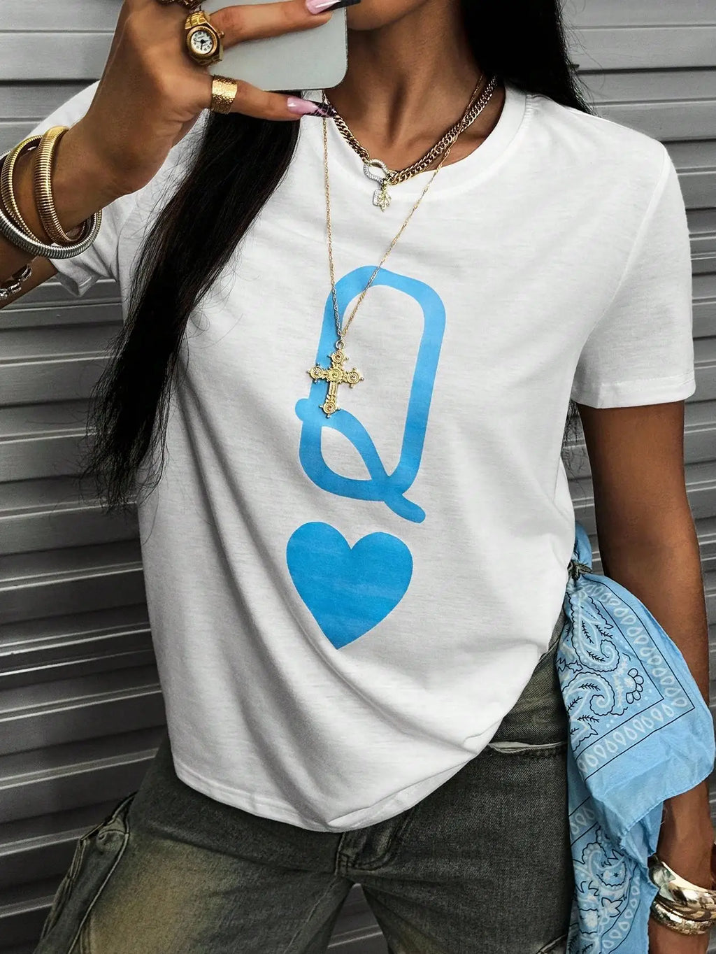 Women's Casual T-Shirt With Poker Card Queen Pattern, Spring & Summer For New Year Clothes Graphic Tees Women Tops