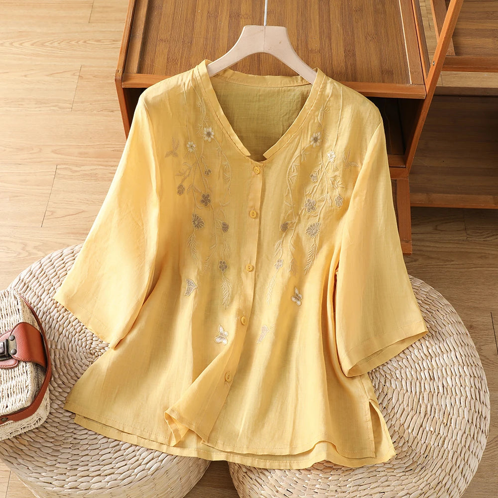 Cotton Linen Women's Shirt Summer High-end Flax Mom Tussah Linen Shirt Luxury Sensation V-neck Overhead Thin Artistic Style B...