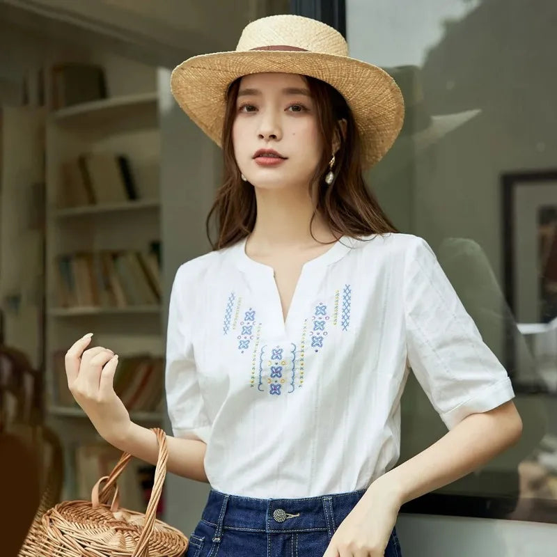 Women's V-neck Embroidered Cotton Blouse Ethnic Style Short Sleeve Casual Summer Top