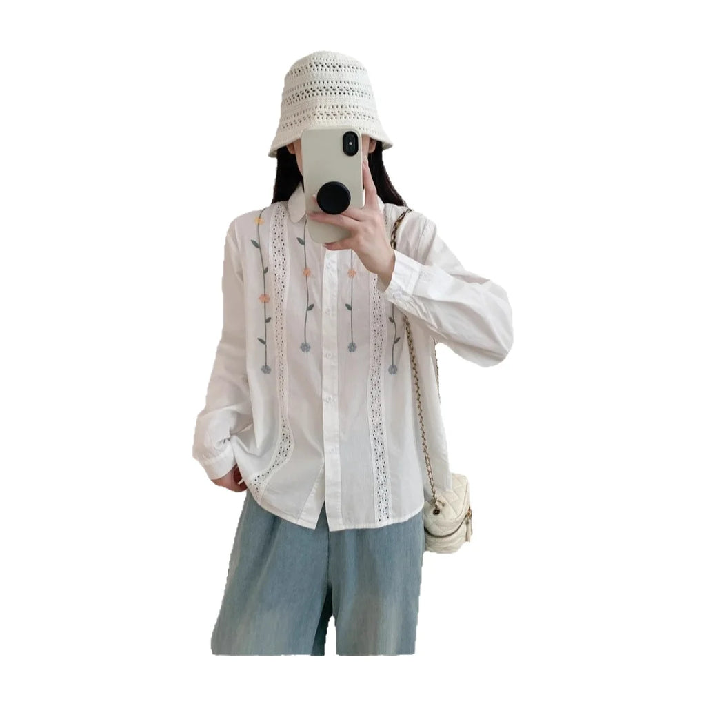 Loose Women's Long Sleeve White Shirt 2025 Autumn New Style Japanese Embroidery Flower Hollow Splicing Open Cardigan Top