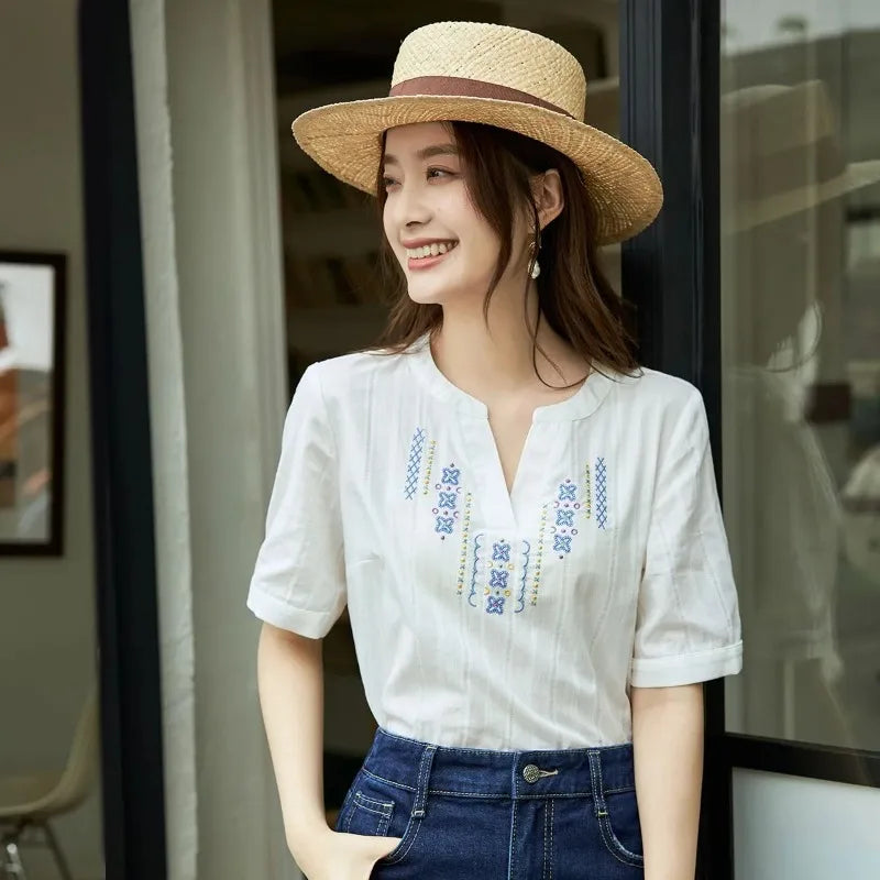 Women's V-neck Embroidered Cotton Blouse Ethnic Style Short Sleeve Casual Summer Top