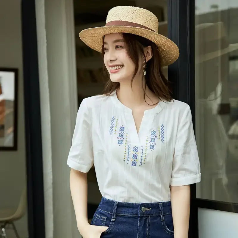 Women's V-neck Embroidered Cotton Blouse Ethnic Style Short Sleeve Casual Summer Top