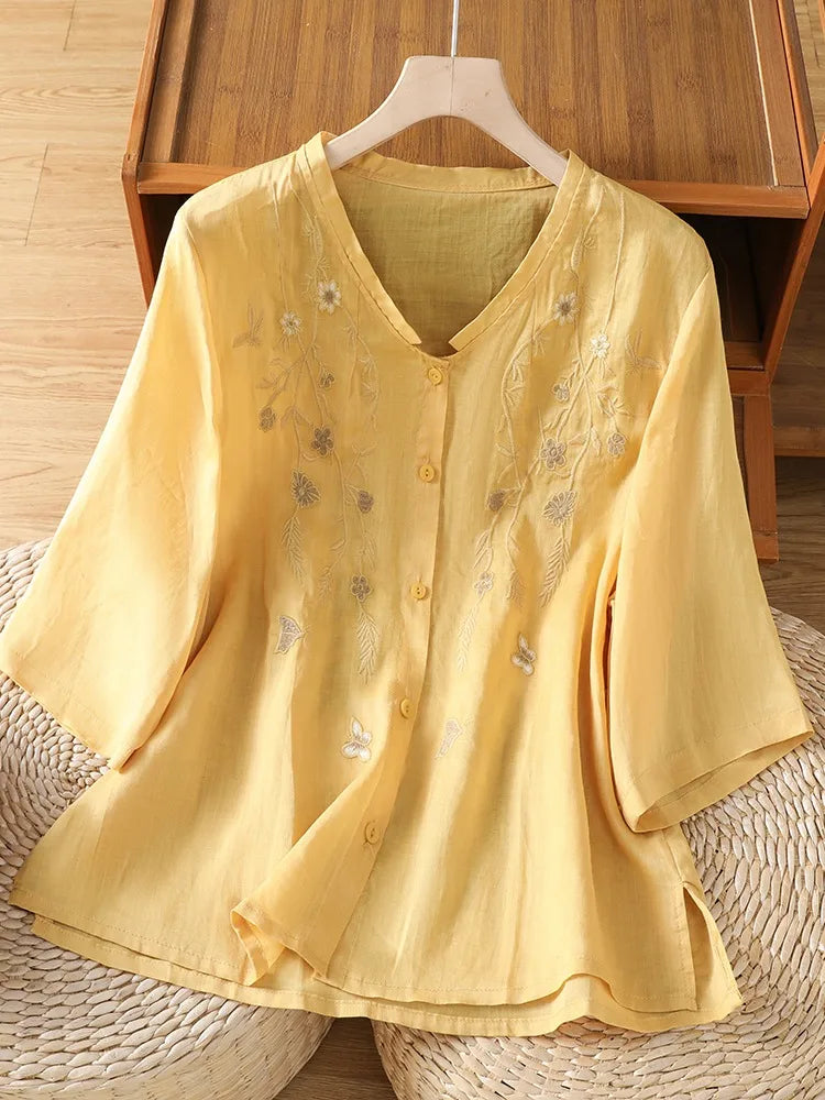 Cotton Linen Women's Shirt Summer High-end Flax Mom Tussah Linen Shirt Luxury Sensation V-neck Overhead Thin Artistic Style B...