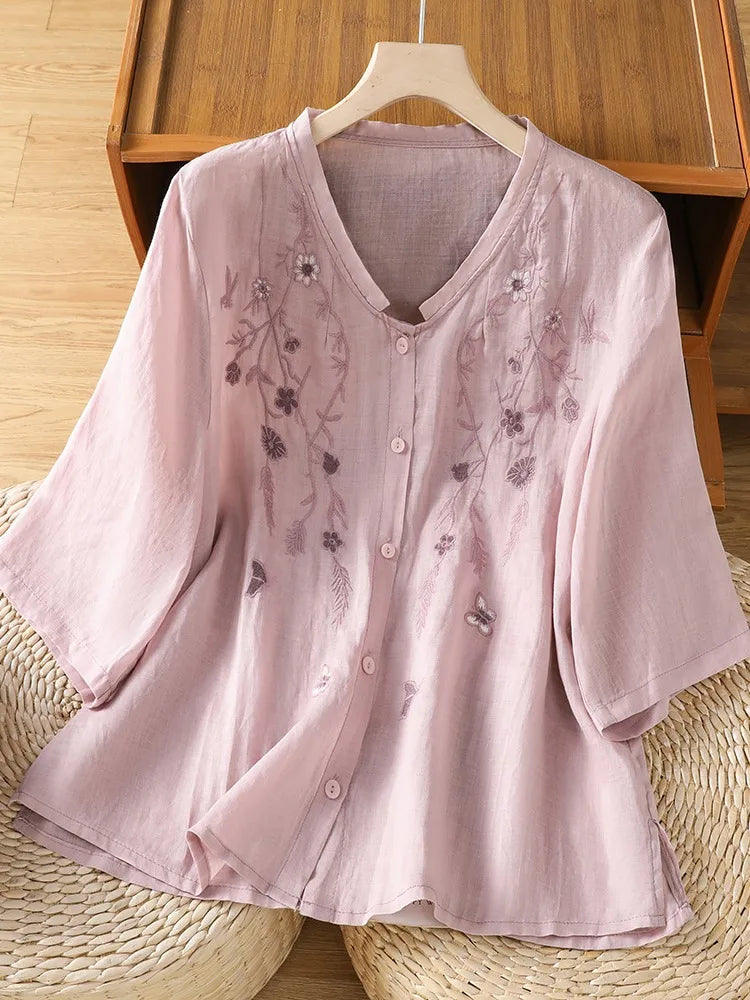Cotton Linen Women's Shirt Summer High-end Flax Mom Tussah Linen Shirt Luxury Sensation V-neck Overhead Thin Artistic Style B...