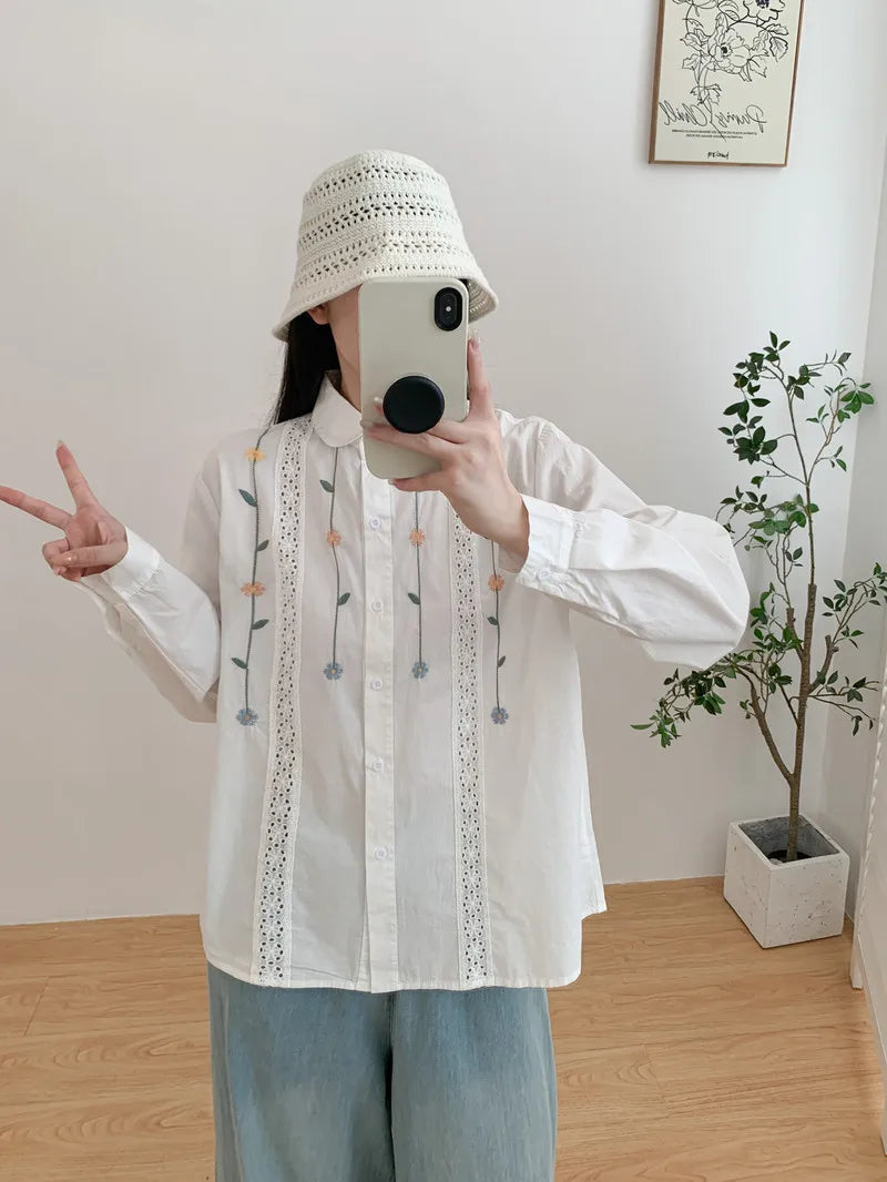 Loose Women's Long Sleeve White Shirt 2025 Autumn New Style Japanese Embroidery Flower Hollow Splicing Open Cardigan Top
