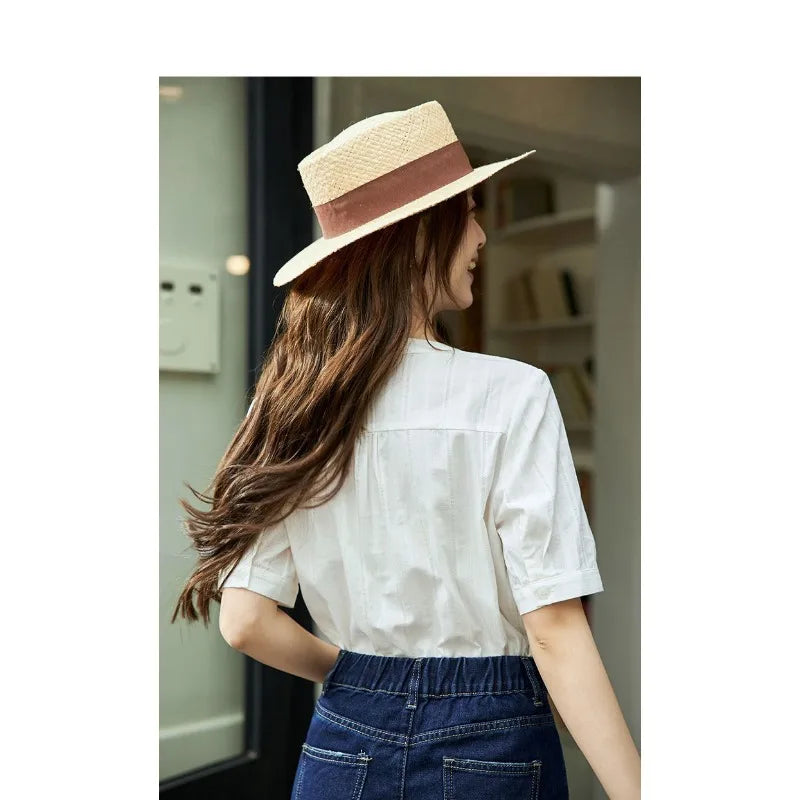 Women's V-neck Embroidered Cotton Blouse Ethnic Style Short Sleeve Casual Summer Top
