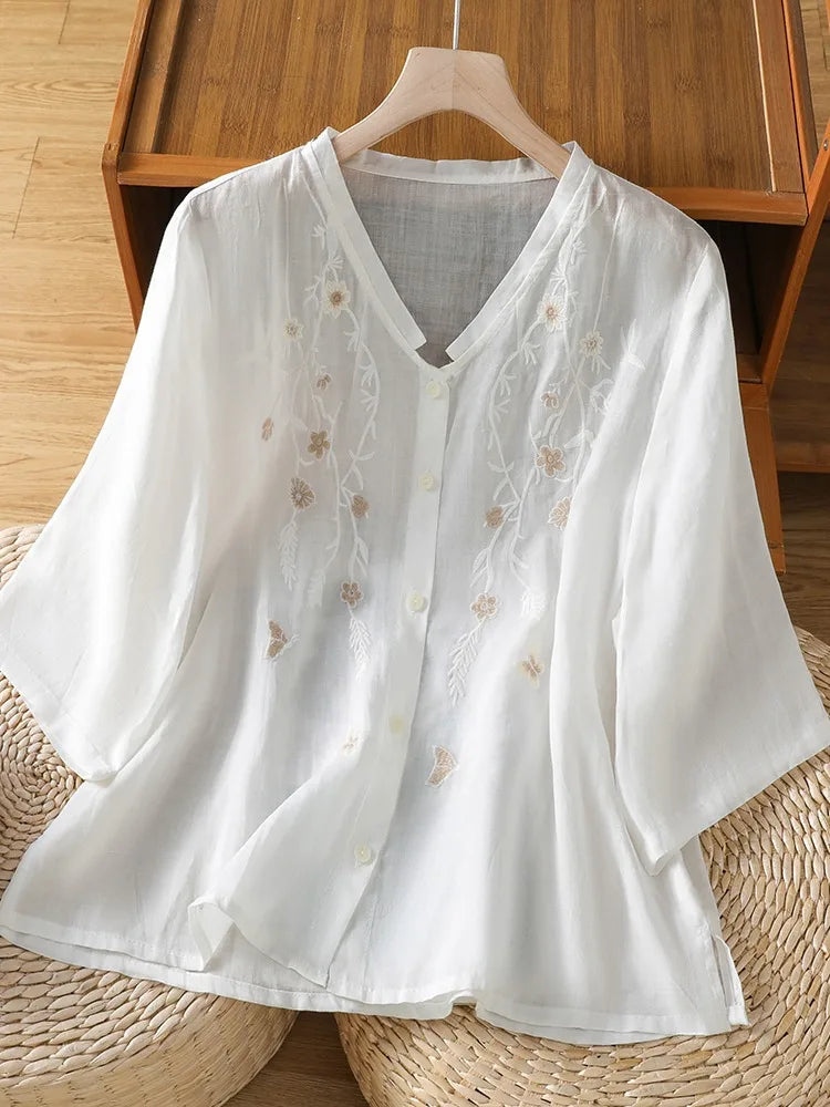 Cotton Linen Women's Shirt Summer High-end Flax Mom Tussah Linen Shirt Luxury Sensation V-neck Overhead Thin Artistic Style B...