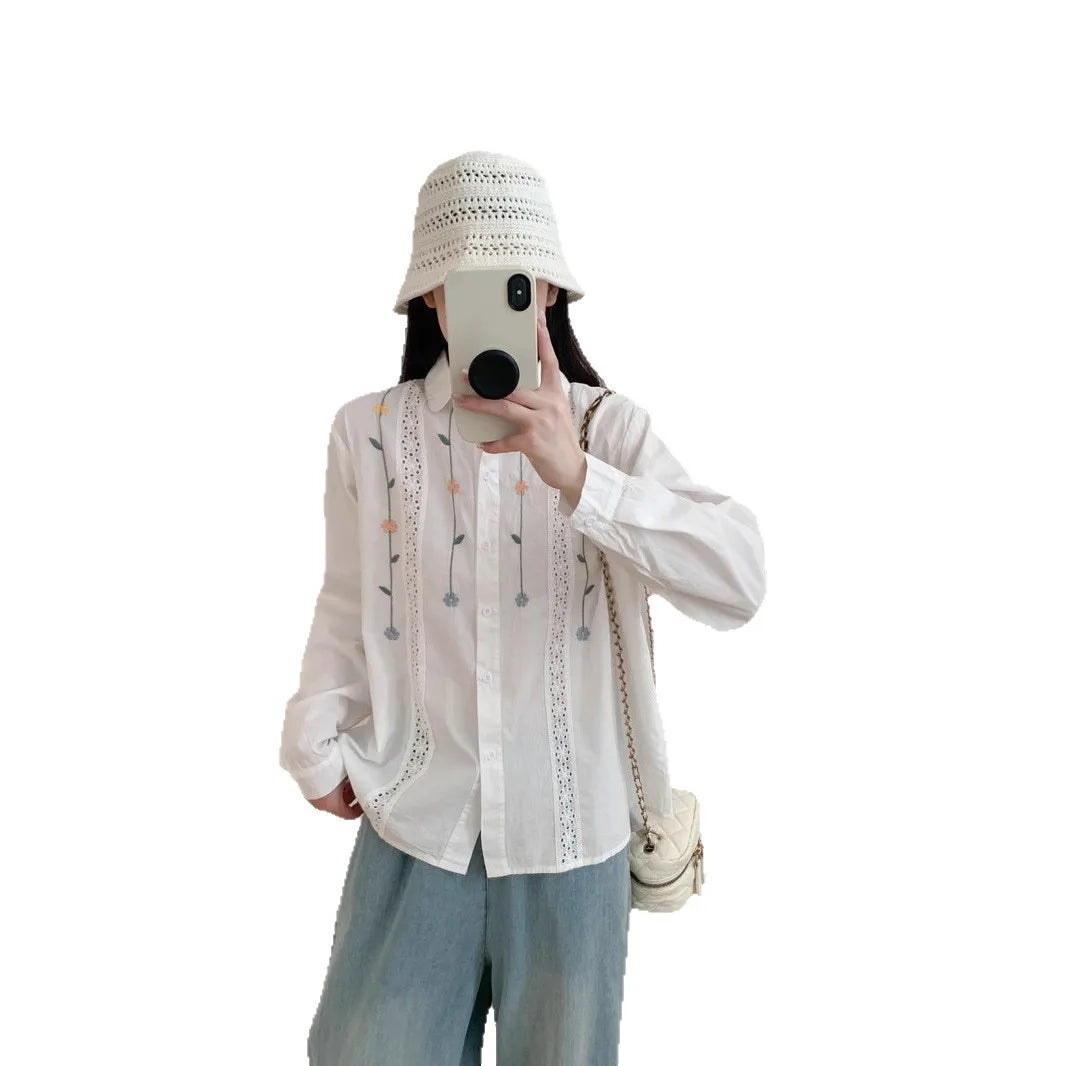 Loose Women's Long Sleeve White Shirt 2025 Autumn New Style Japanese Embroidery Flower Hollow Splicing Open Cardigan Top