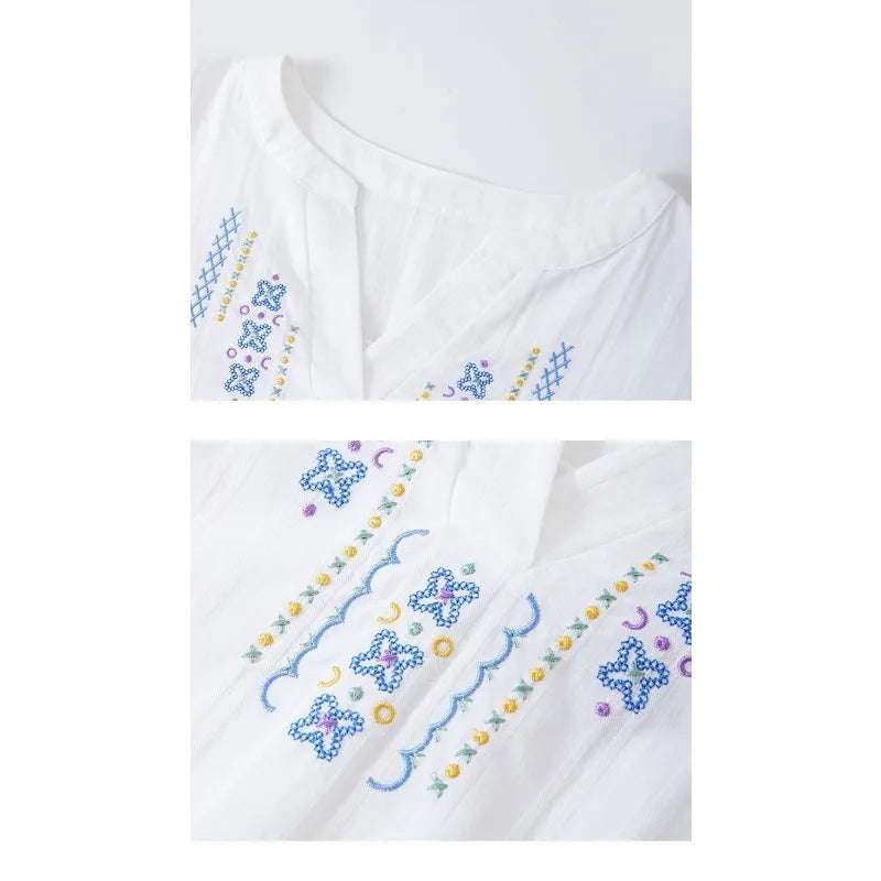 Women's V-neck Embroidered Cotton Blouse Ethnic Style Short Sleeve Casual Summer Top