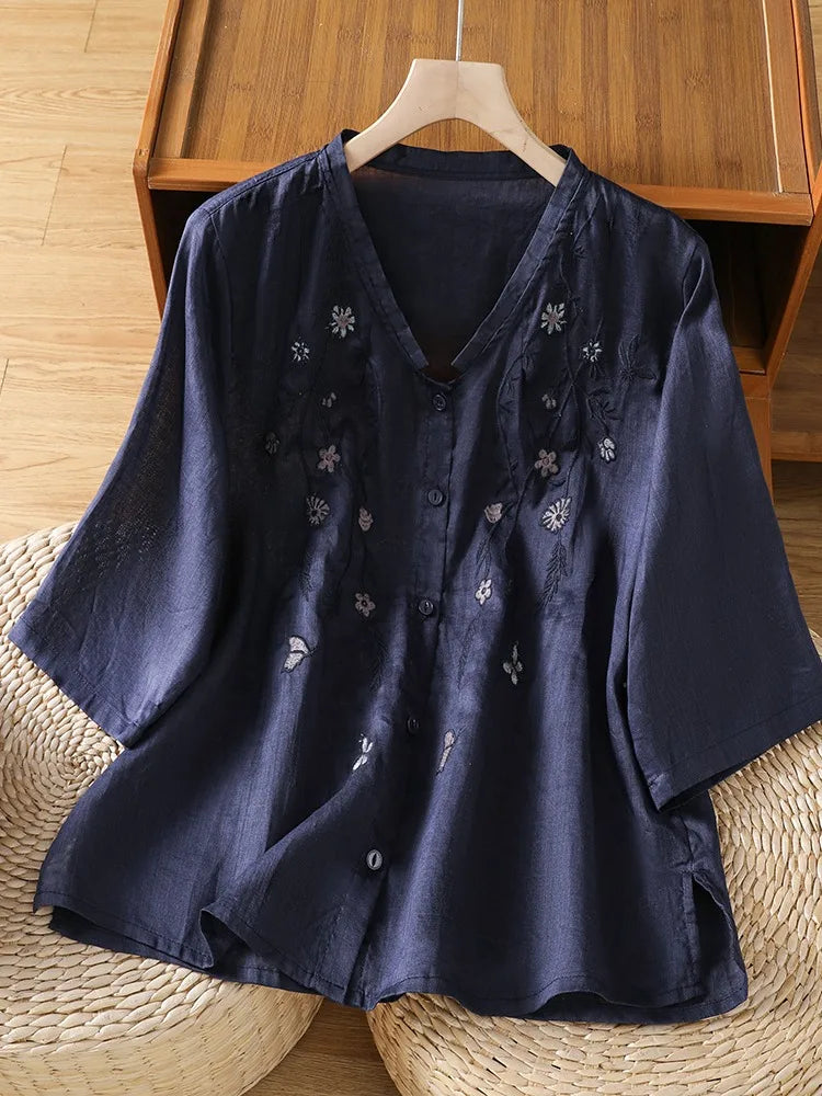 Cotton Linen Women's Shirt Summer High-end Flax Mom Tussah Linen Shirt Luxury Sensation V-neck Overhead Thin Artistic Style B...